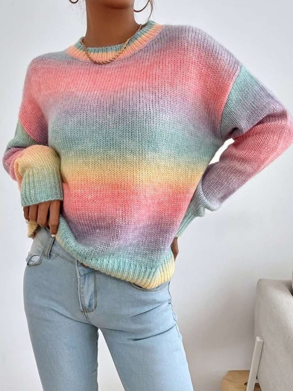 SHEIN Pastel Rainbow Gradient Crewneck Sweater in Pink Mint Yellow Lavender